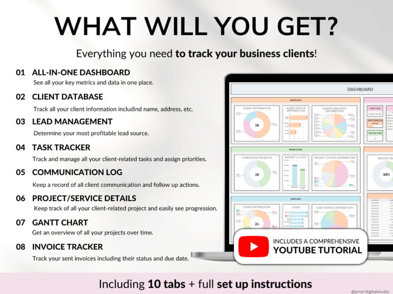 Client Tracker Spreadsheet for Small Business w/ Task Tracker Customer CRM Dashboard Google Sheets Excel Lead Management Invoice Tracker - Image 2