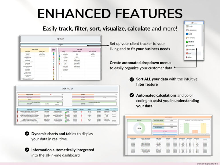Client Tracker Spreadsheet for Small Business w/ Task Tracker Customer CRM Dashboard Google Sheets Excel Lead Management Invoice Tracker - Image 3